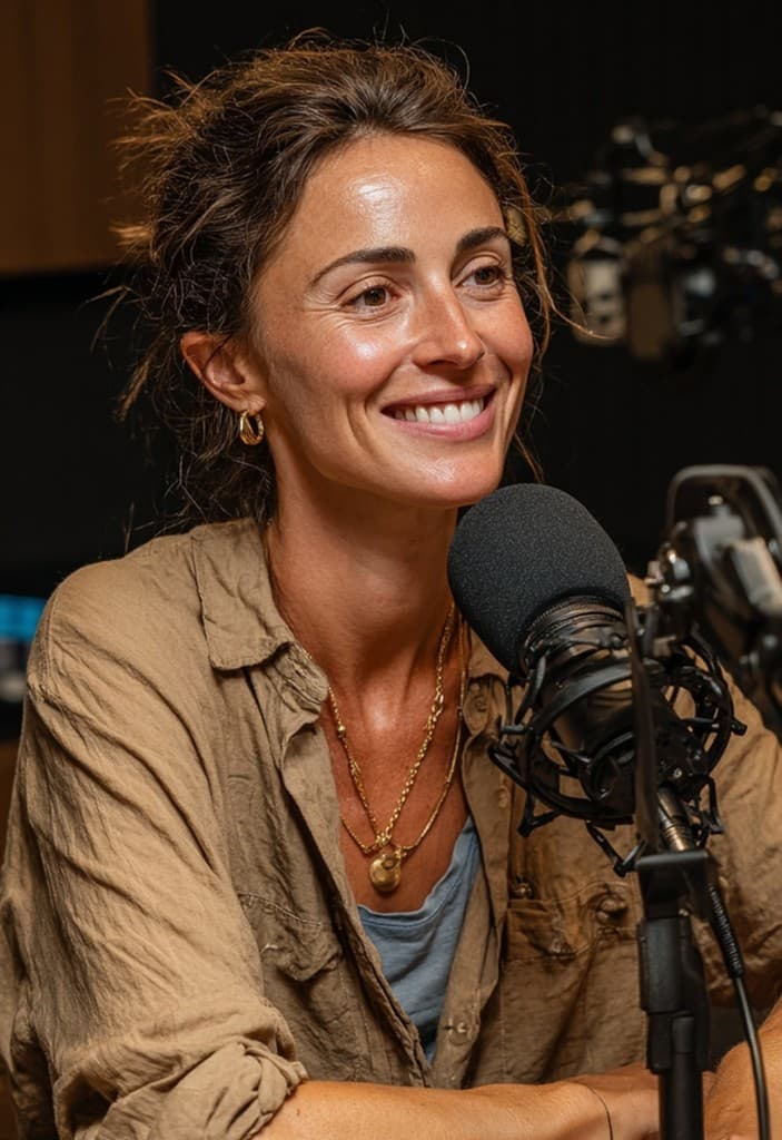 Podcast guest speaking into a studio microphone